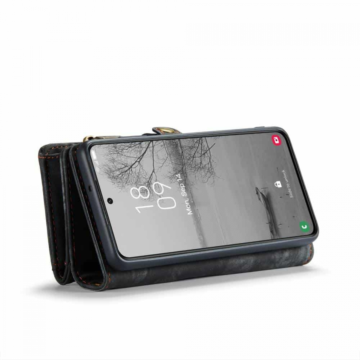 Schwarze Telefonhülle, mit Telefon, das Uhrzeit und Datum anzeigt. Brauner Geldbeutelstil.