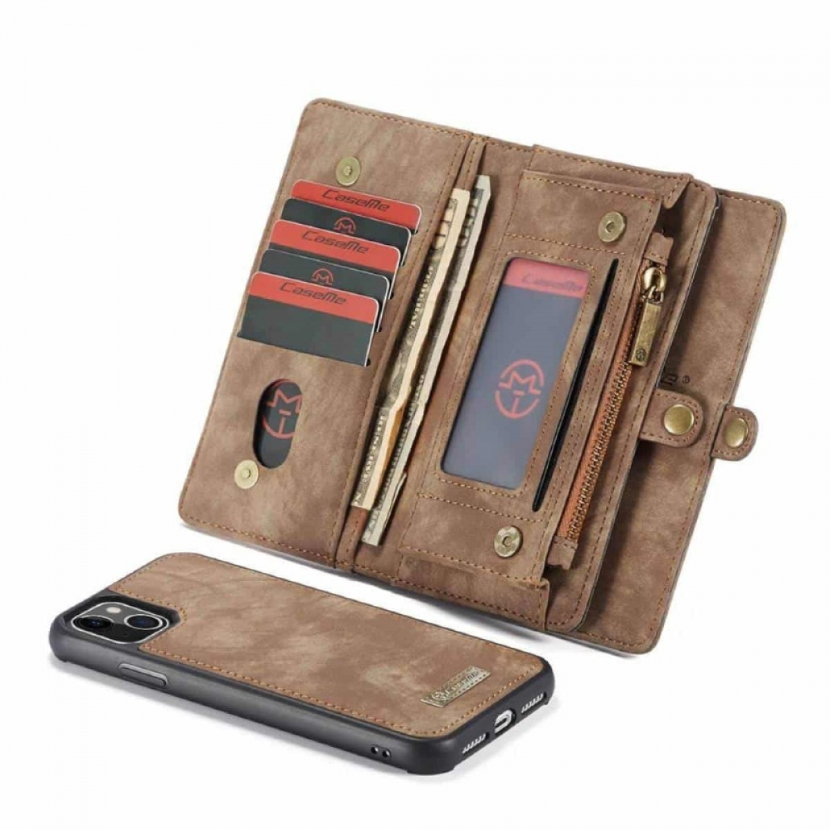 Braune Handy-Brieftasche mit Karten, Geld und Reißverschluss. Telefon ist aus der Hülle.