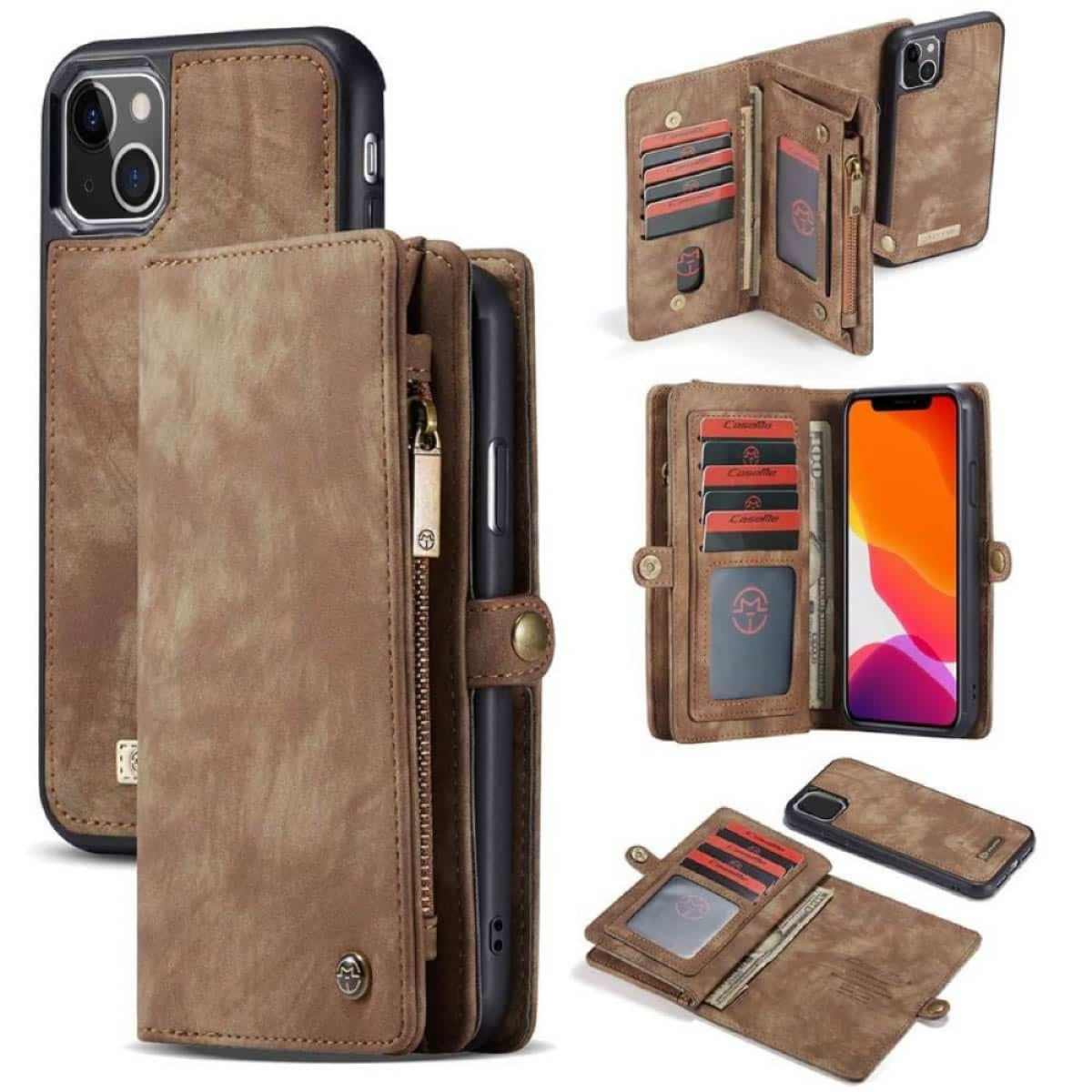 Handyhülle mit Geldbörsen-Design, mehrere Ansichten. Braunes Leder, Kartenfächer und Reißverschluss.