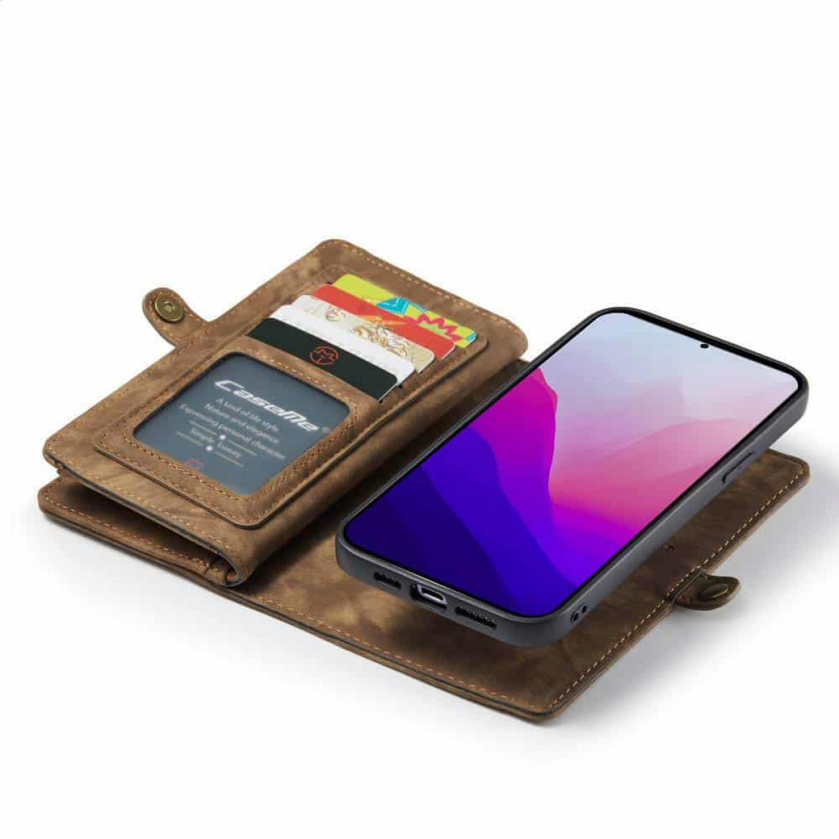 Eine braune Leder-Handyhülle mit Karten darin und ein Telefon darin.