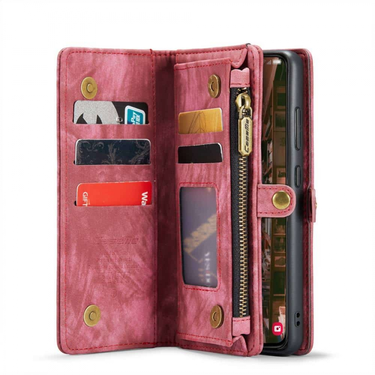 Rote Brieftasche offen, zeigt Kartenfächer und Telefon. Reißverschluss, Knopfverschluss.
