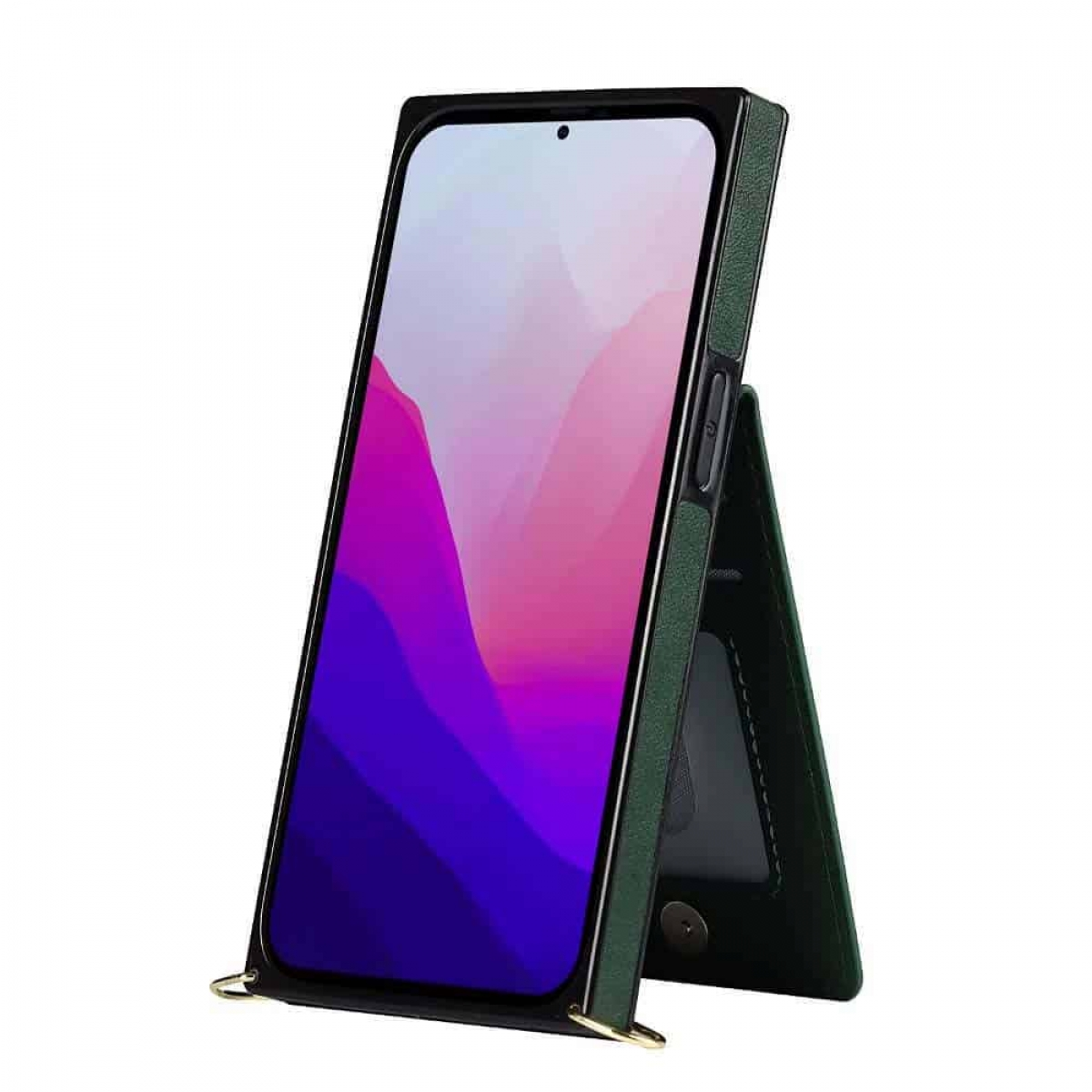Telefon in grünem Etui hochgestellt. Der Hintergrund ist weiß.
