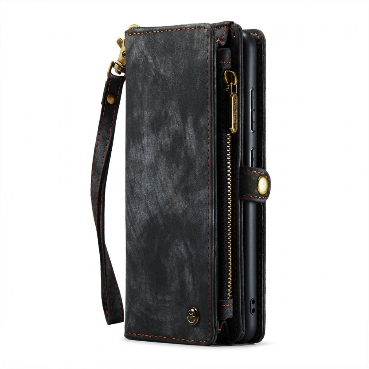 Schwarze Handyhülle im Brieftaschenstil mit Reißverschlussfach und Handschlaufe.
