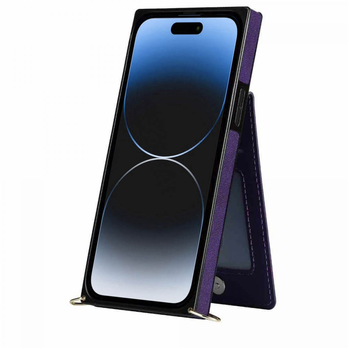 Eine lila Handyhülle mit Ständer, das Telefon in einem Winkel haltend.