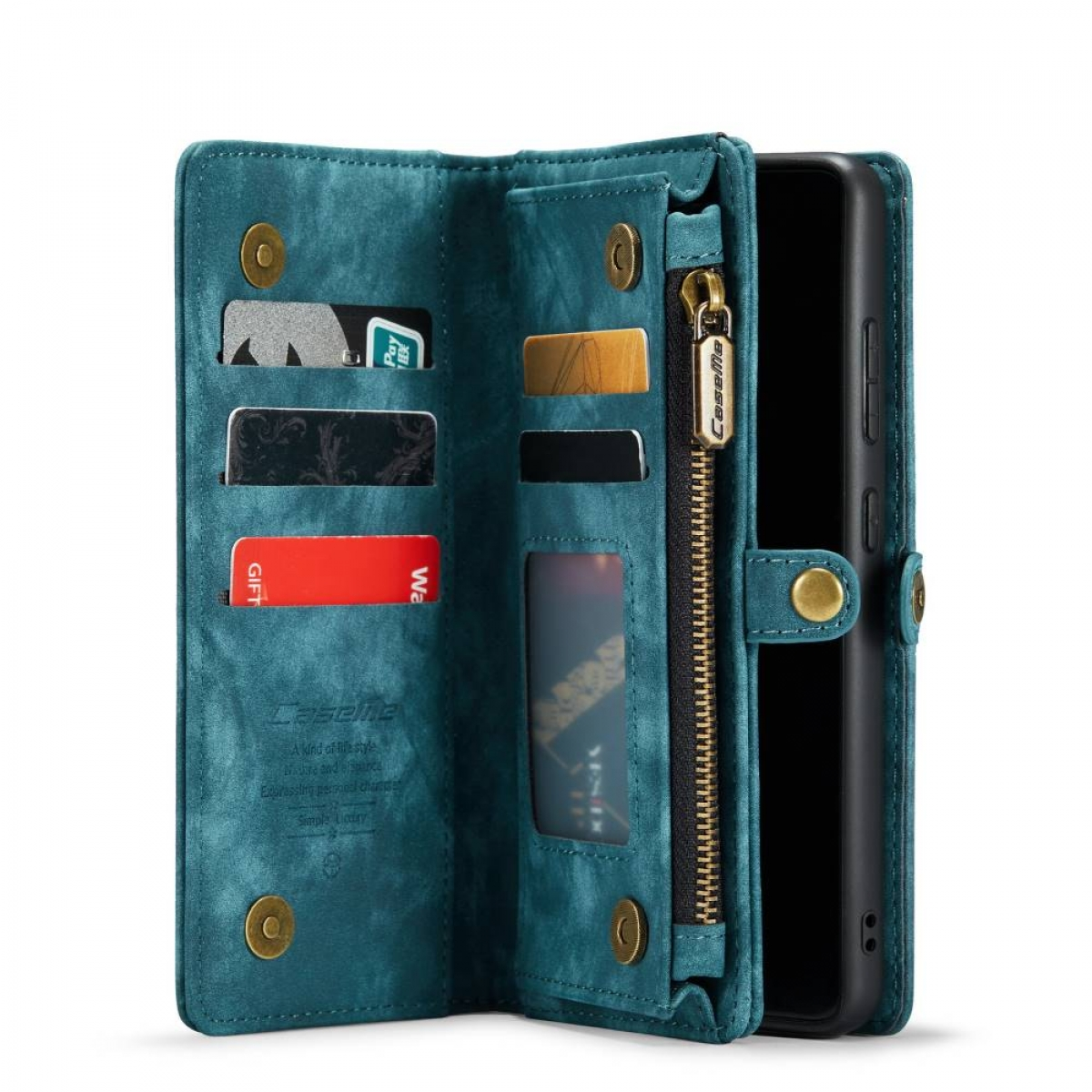 Eine offene türkisfarbene Brieftaschen-Handyhülle mit Karten, Reißverschluss und Telefon darin.