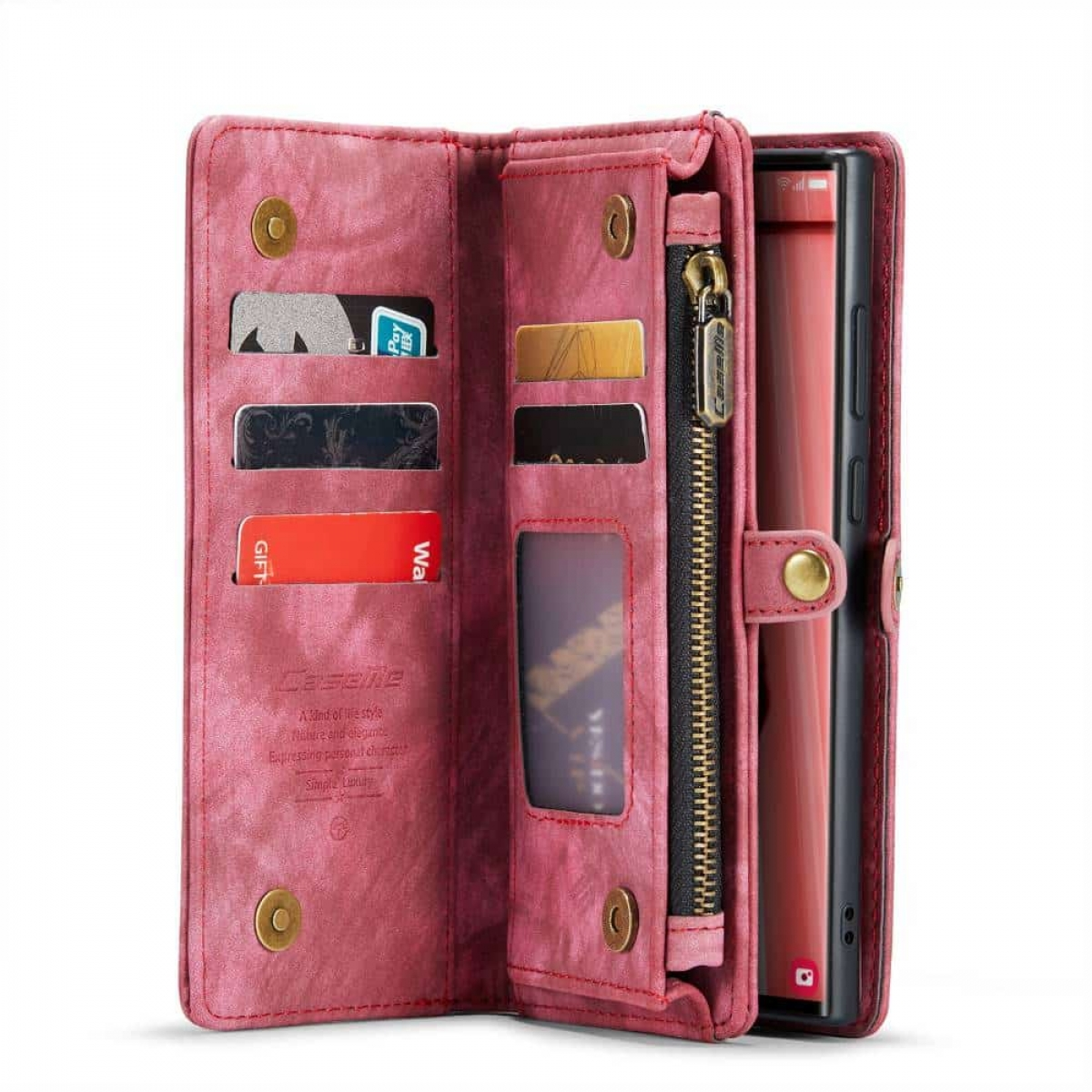 Pinkes Leder-Geldbörsen-Handycase, offen. Karten, Reißverschluss, Telefon innen. Goldene Hardware.