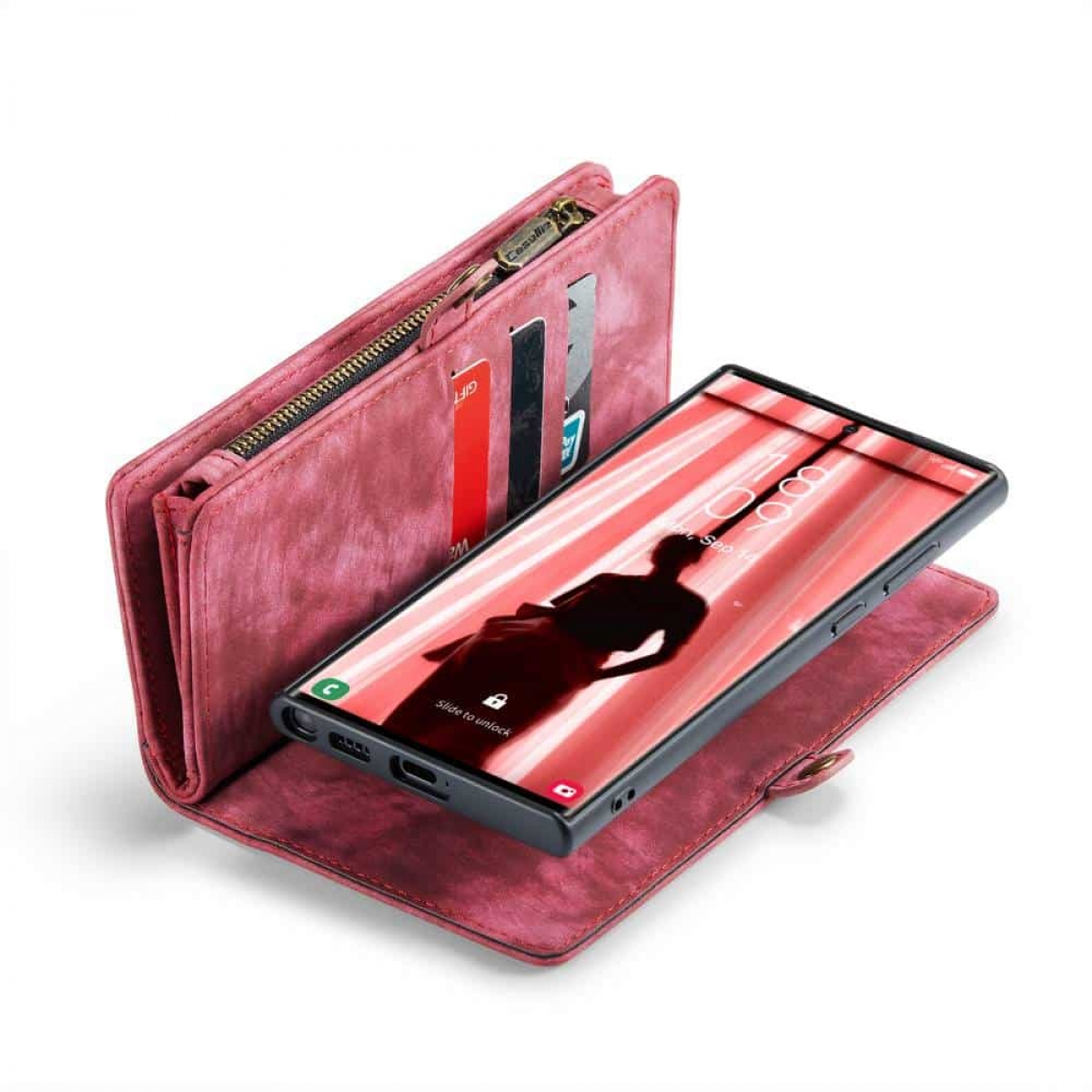 Rosa Geldbörsen-Handyhülle mit Reißverschluss und Karten innen, mit einem Telefon.