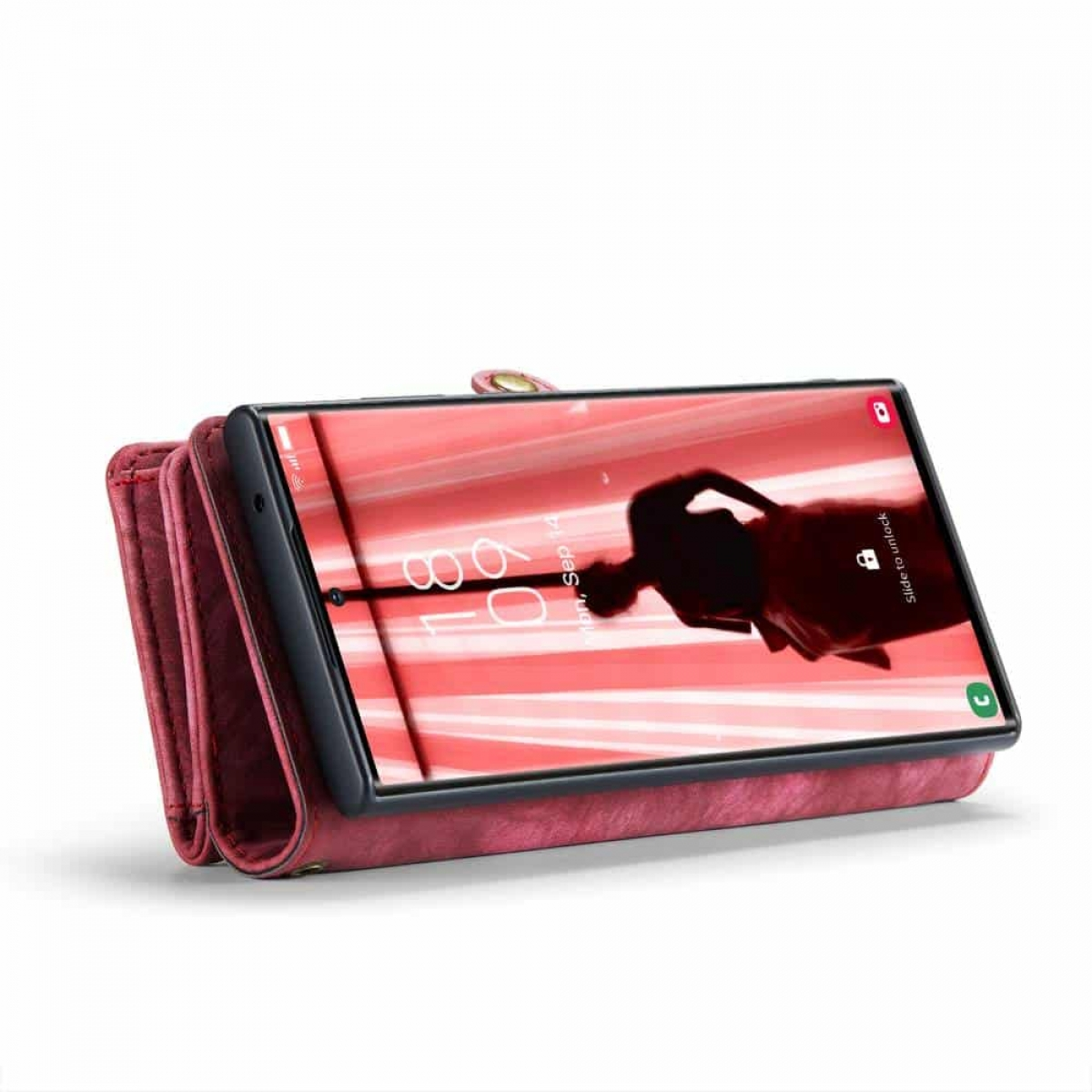 Geöffnete rote Leder-Handyhülle mit einem Telefon darin.