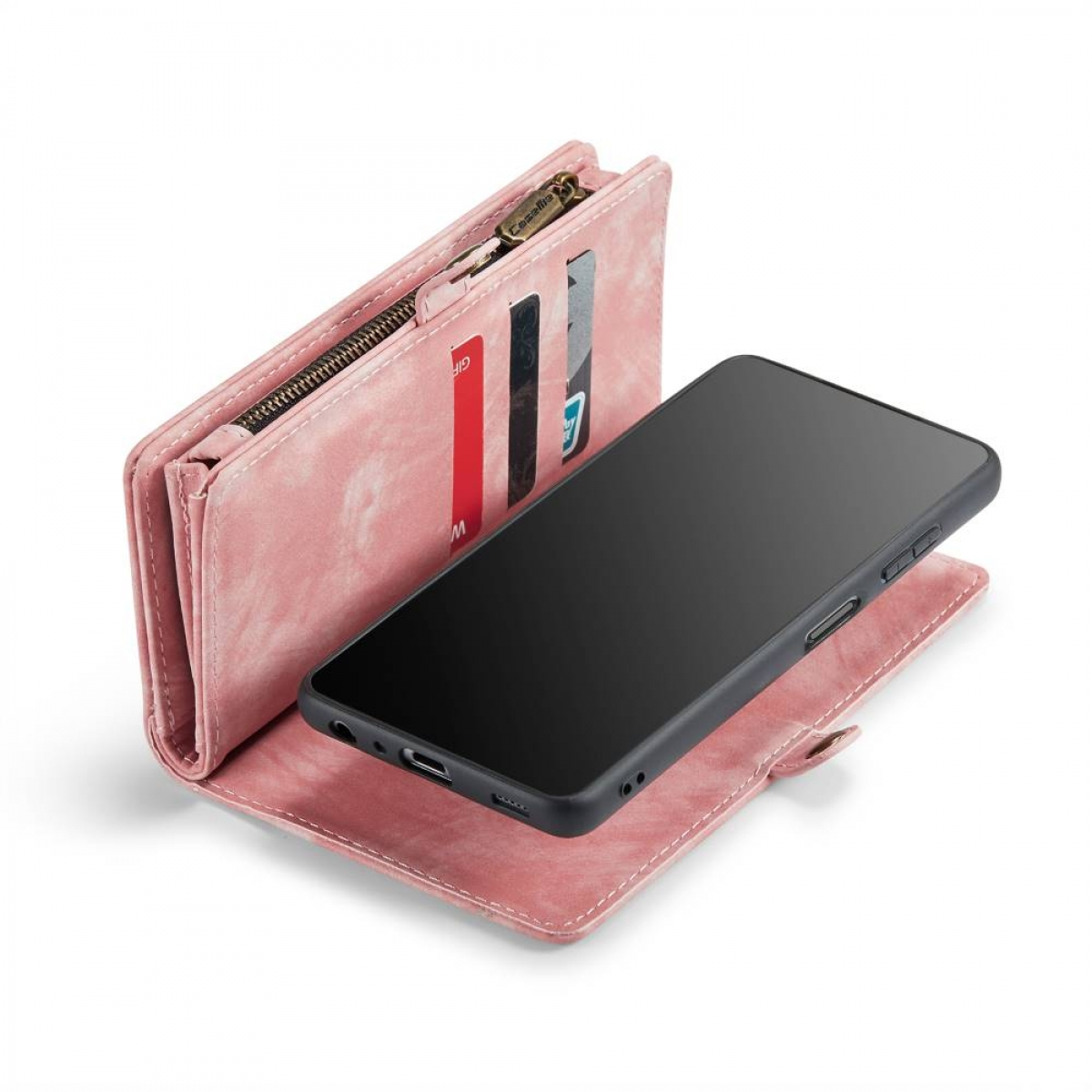Rosafarbene Leder-Handyhülle geöffnet, zeigt ein Telefon darin. Das Etui liegt auf einer weißen Oberfläche.