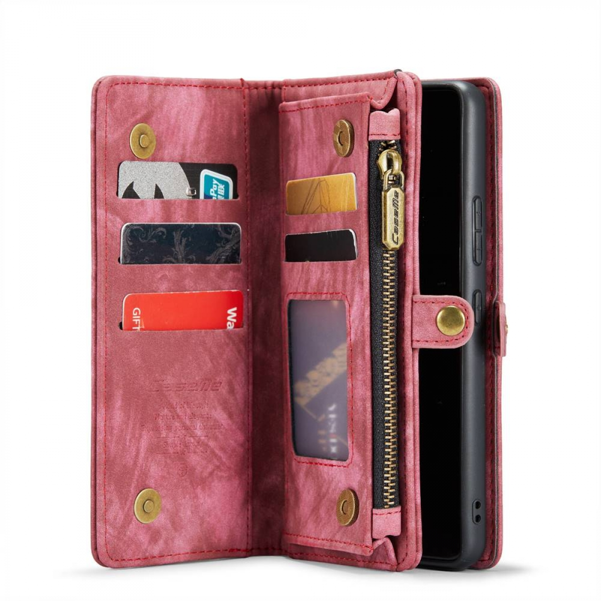 Rosa Leder-Brieftaschen-Handyhülle, offen mit Karten und Telefon, mit Reißverschlusstasche.