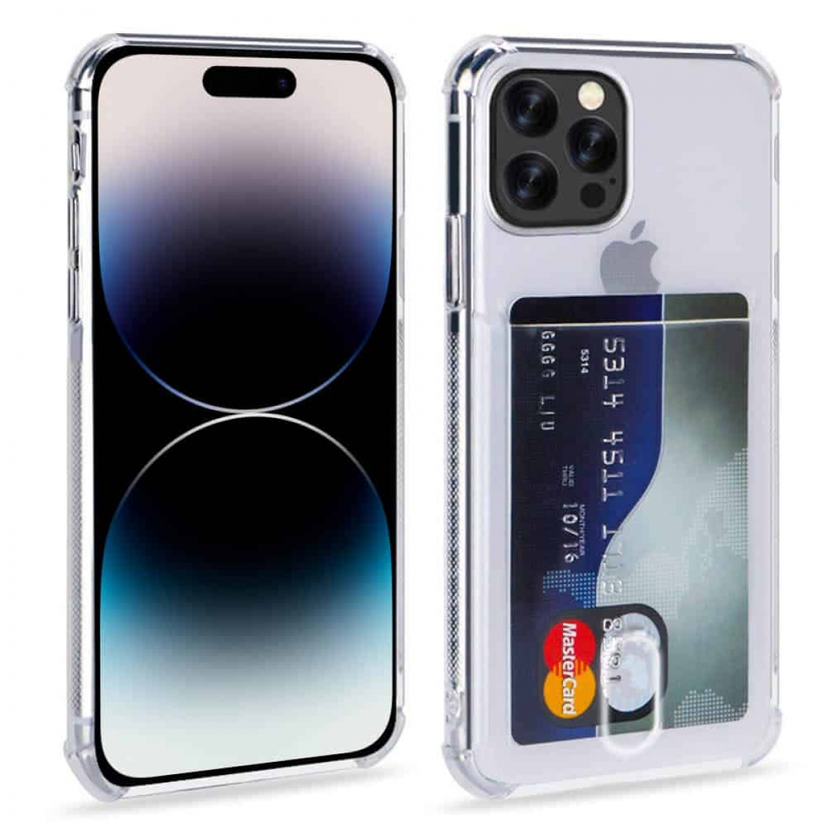 Zwei Telefone in transparenten Hüllen. Eins hat eine Karte in der Hülle. Beide haben schwarze Bildschirme.