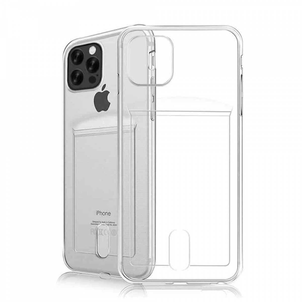 Transparente Handyhülle mit Kartenfach, neben dem Handy. Weißer Hintergrund.