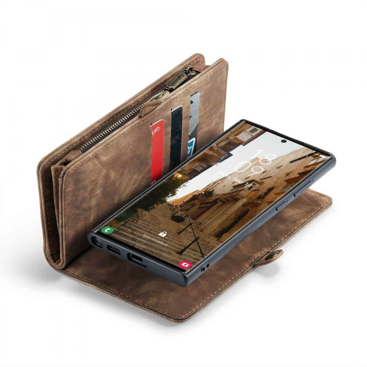 Ein Telefon in einer braunen Brieftasche. Die Brieftasche ist offen und zeigt das Telefon.