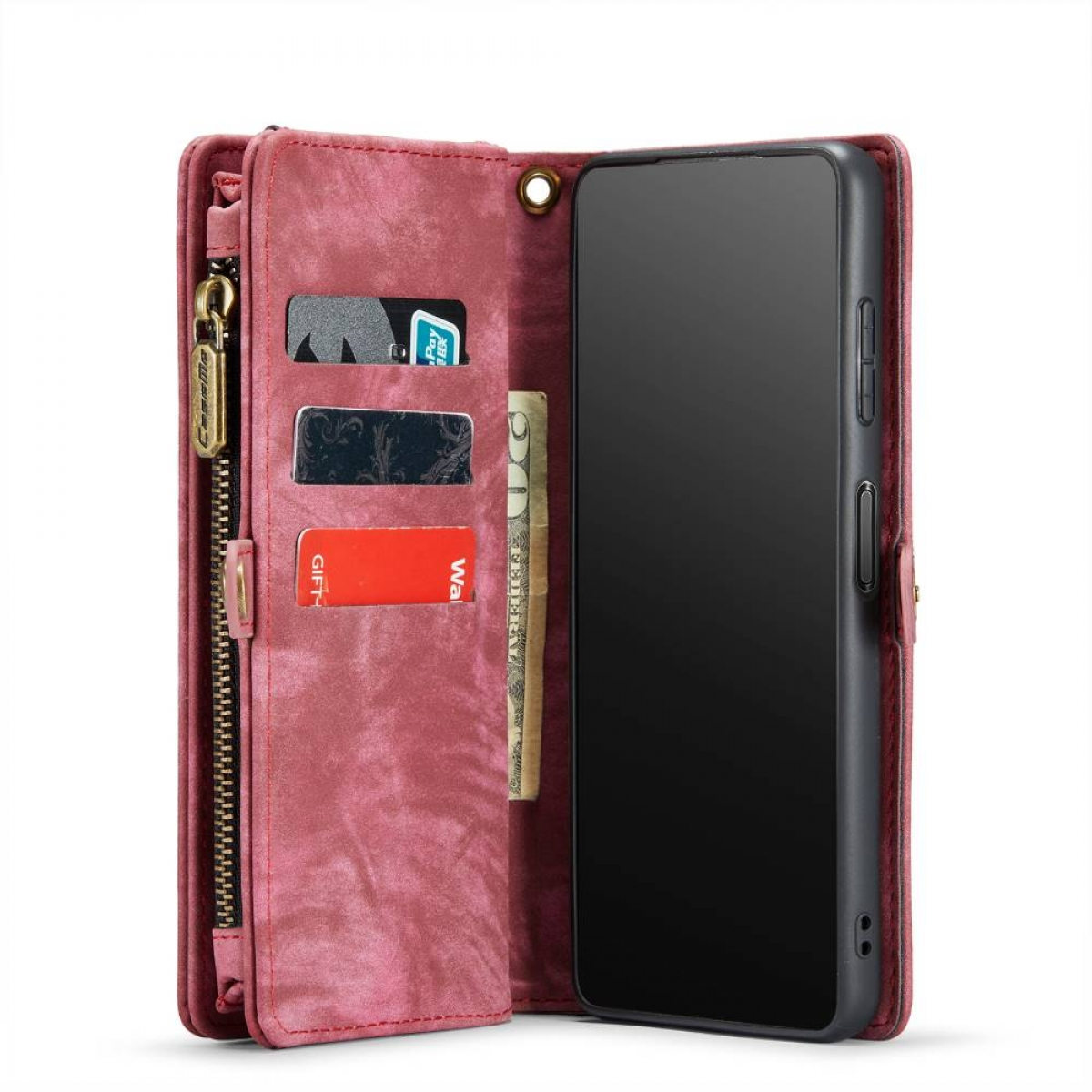 Rosa Brieftaschen-Handyhülle mit Telefon, Karten- und Geldfächern.