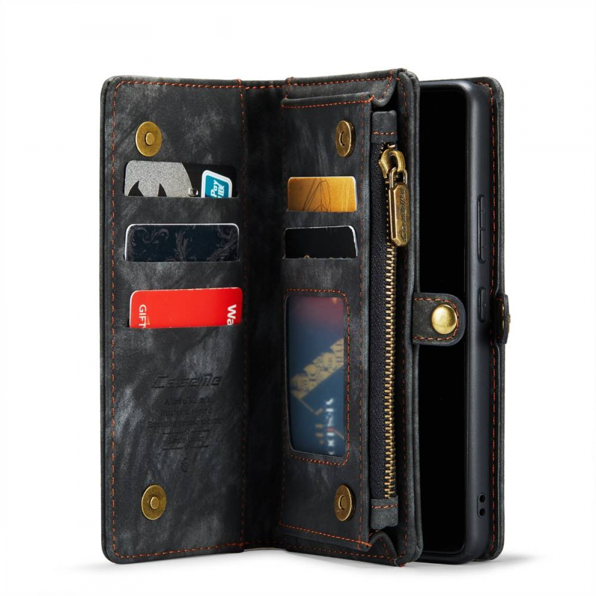 Schwarzes Leder-Handy-Portemonnaie mit Kartenfächern, Reißverschlusstasche und Handyfach.