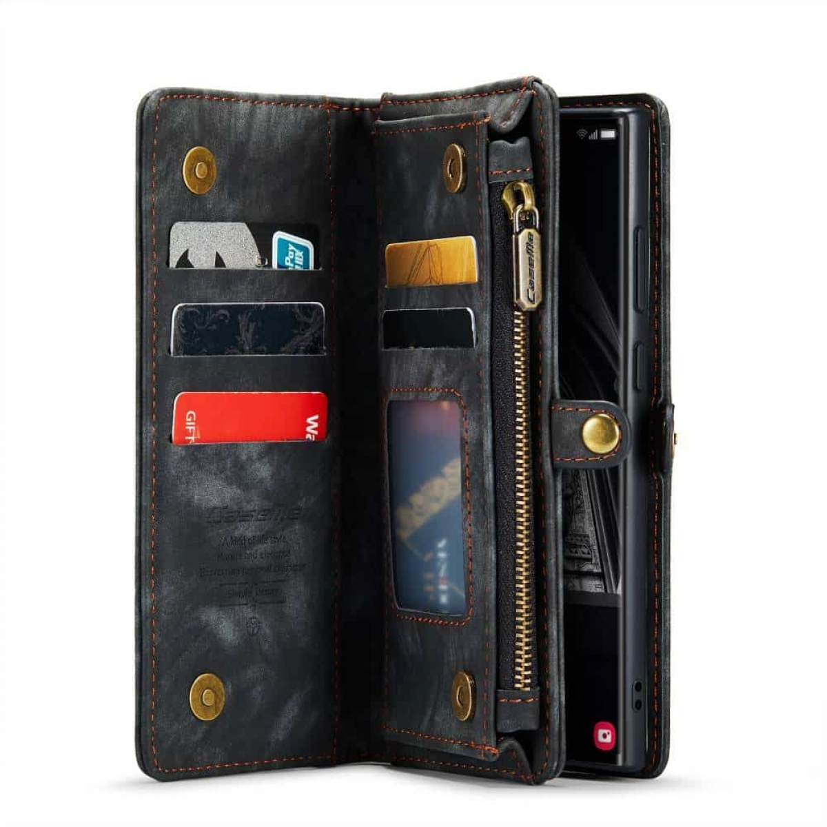 Schwarze Brieftaschen-Handyhülle mit Kartenfächern und Reißverschluss. Das Telefon ist innen.