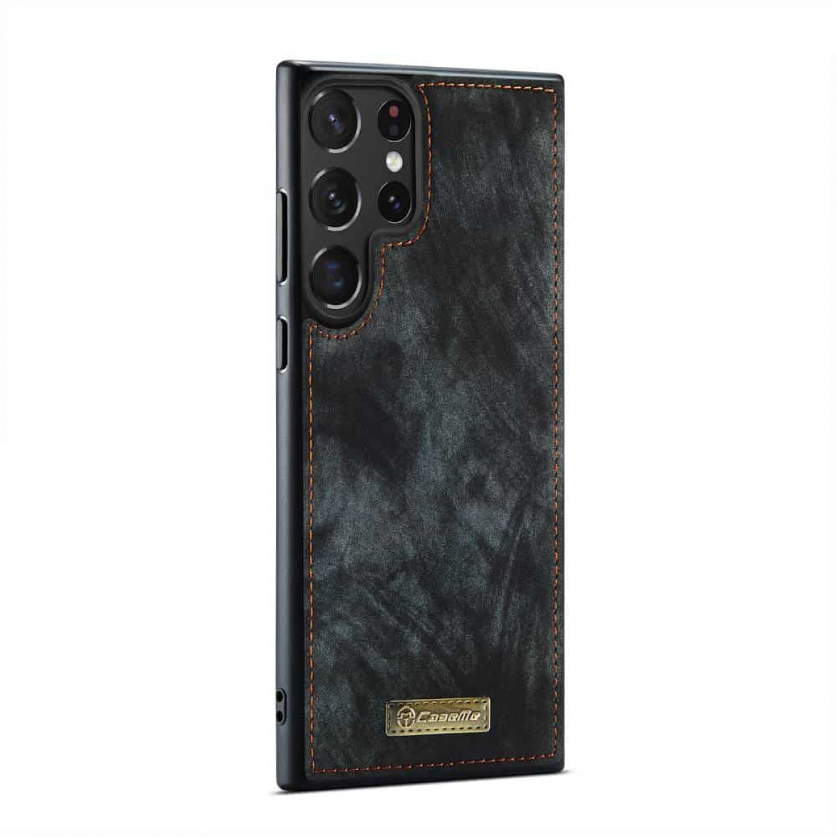 Eine schwarze Handyhülle mit einem schwarzen Telefon. Die Hülle hat orangefarbene Nähte.