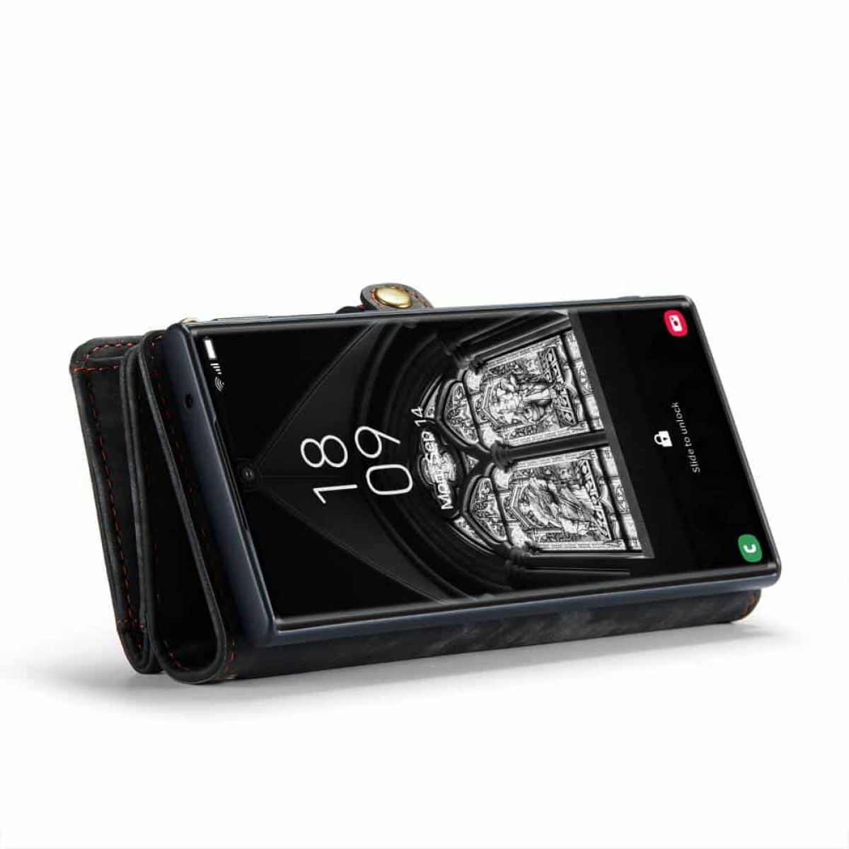 Schwarze Handyhülle mit einem Telefon, das Datum und Uhrzeit anzeigt, auf weißem Hintergrund.