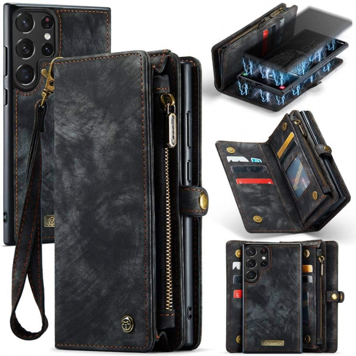 Mehrere Bilder einer schwarzen Brieftaschen-Handyhülle mit verschiedenen Ansichten und Details. Offen.