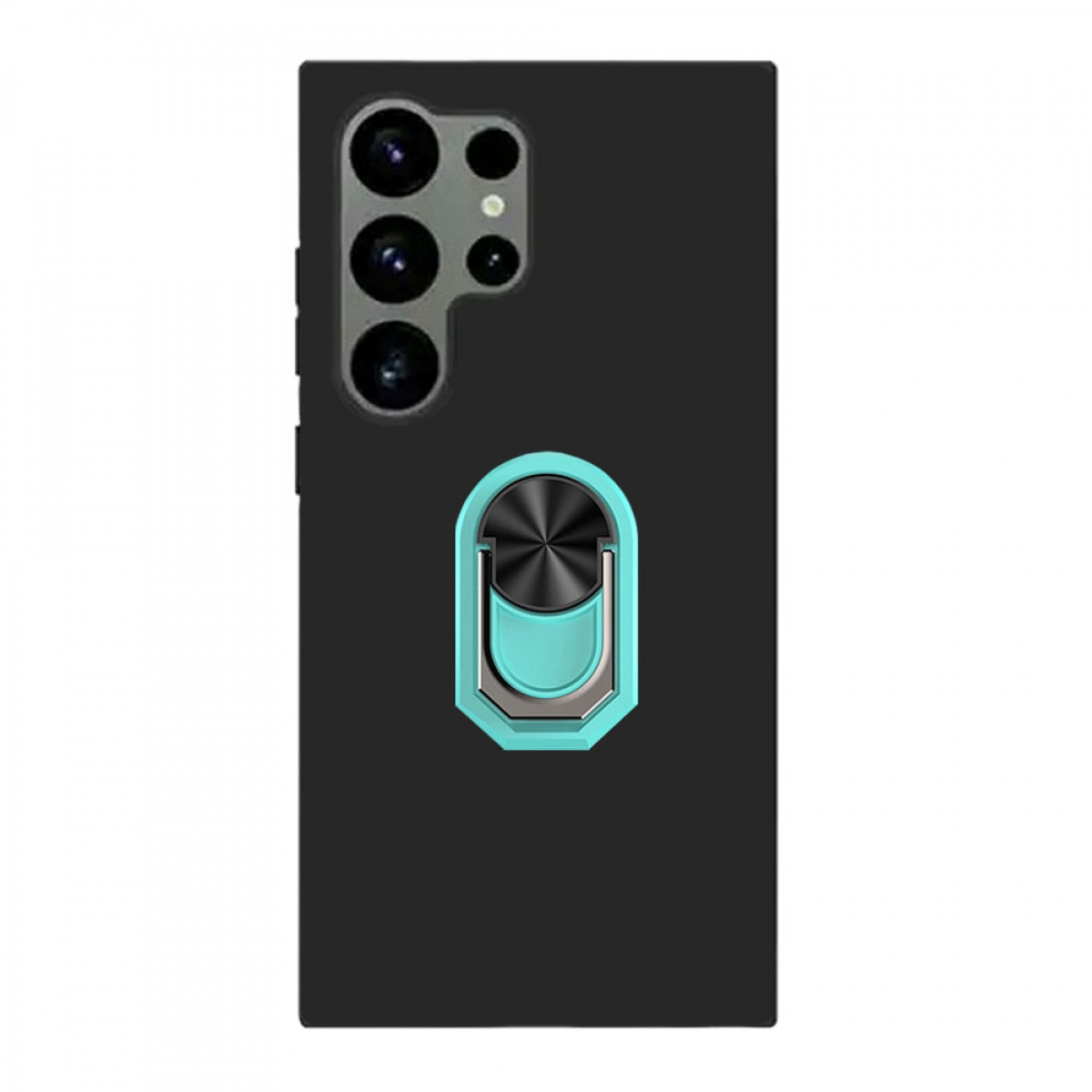 Schwarze Handyhülle mit teal Fingerringhalter. Das Telefon hat 3 Kameras. Der Halter ist silber.