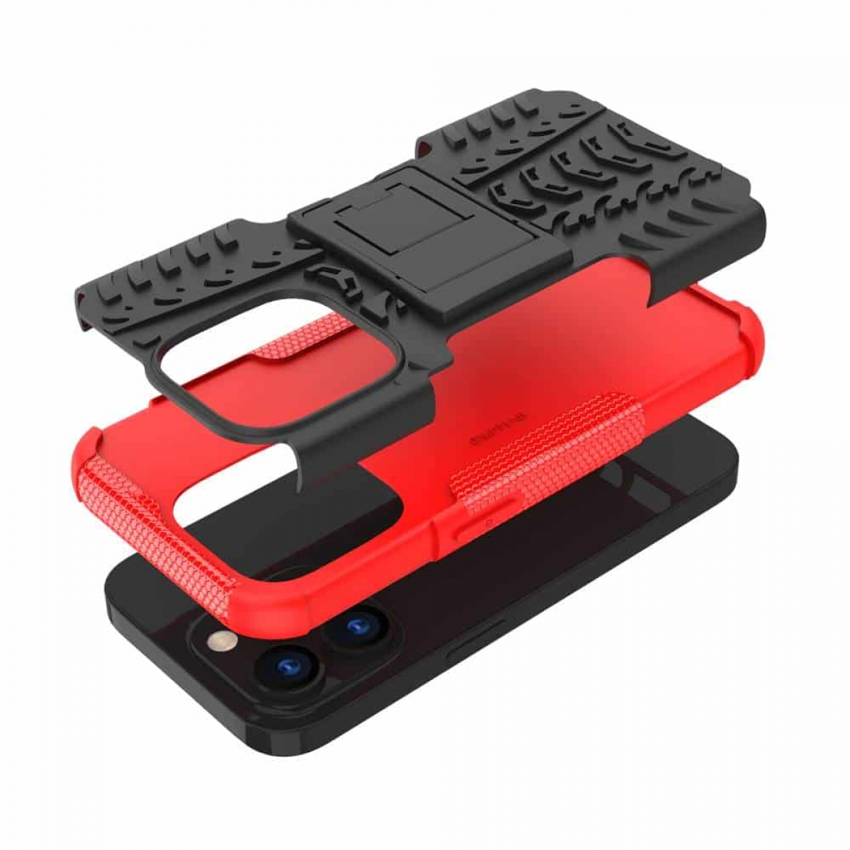Handyhülle, dreilagig, rotes Telefon innen. Schwarze und rote Hülle. Weißer Hintergrund.