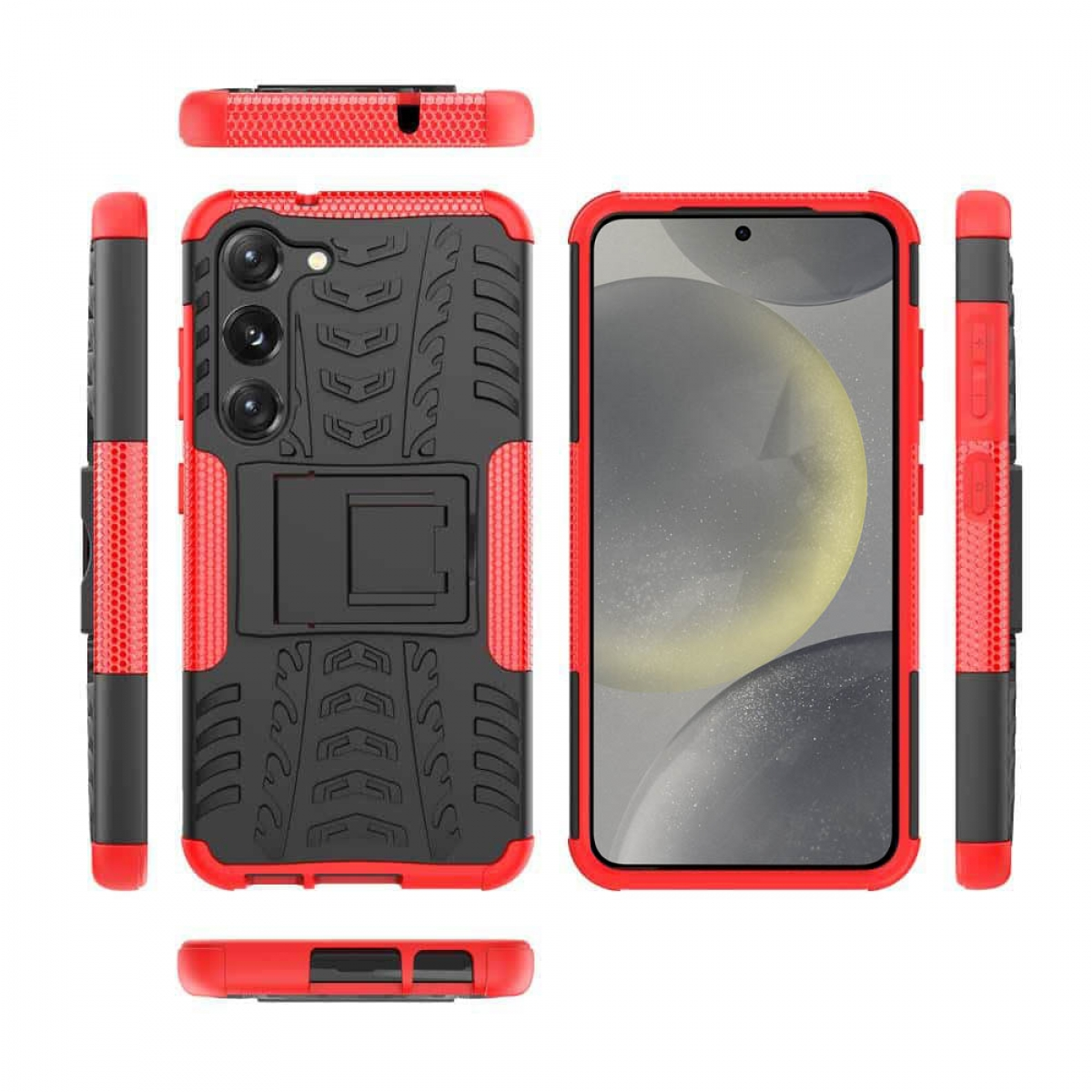 Telefonhülle mit rotem und schwarzem Design. Zeigt verschiedene Ansichten: vorne, hinten, Seiten, Ständer.
