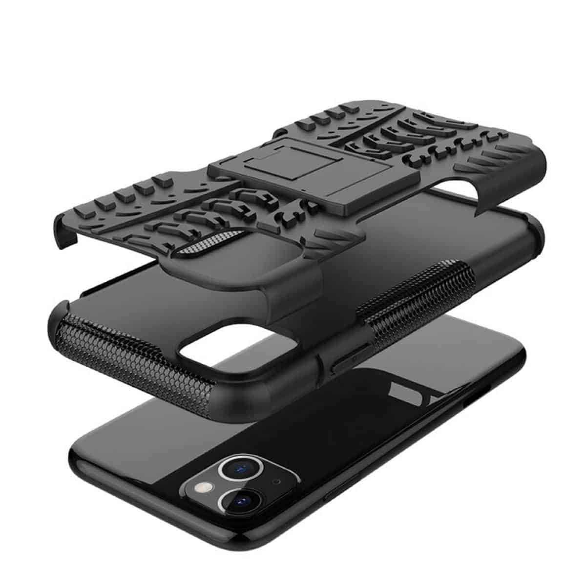 Schwarze Handyhülle mit drei Schichten, zeigt ein Telefon im Inneren und einen Ständer.