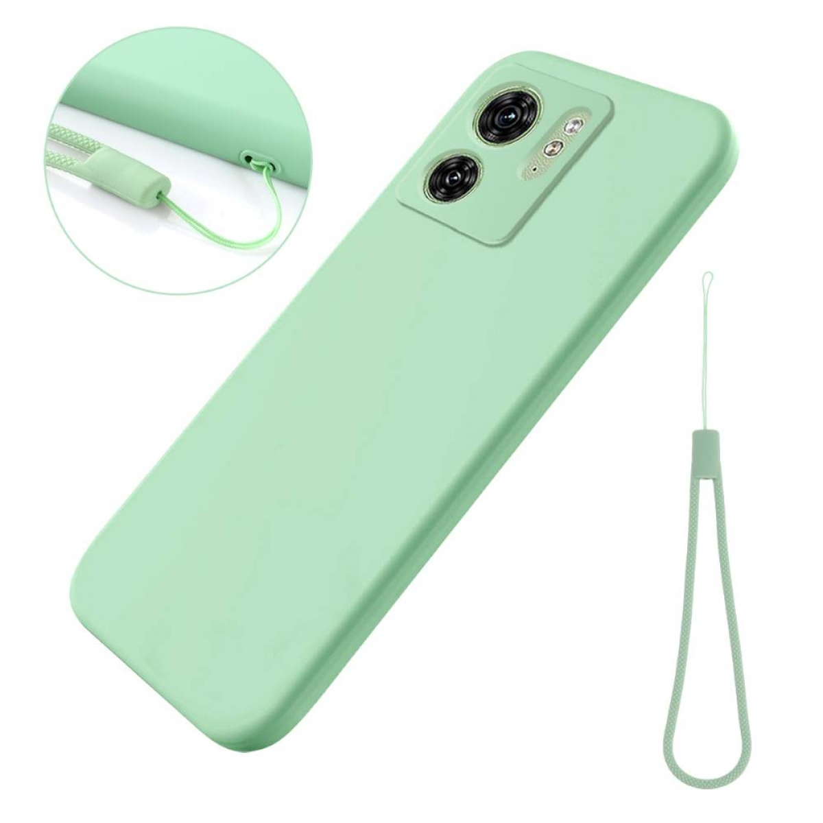 Eine hellgrüne Handyhülle mit einem Band. Das Telefon hat zwei Kameras. Es gibt ein Loch für das Band.