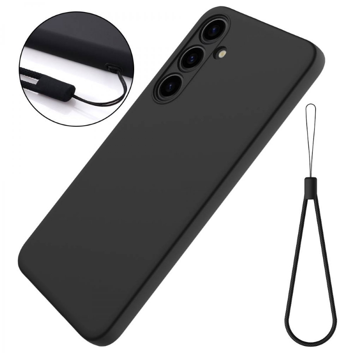 Schwarzes Telefon mit schwarzer Hülle. Das Telefon hat eine Handschlaufe.