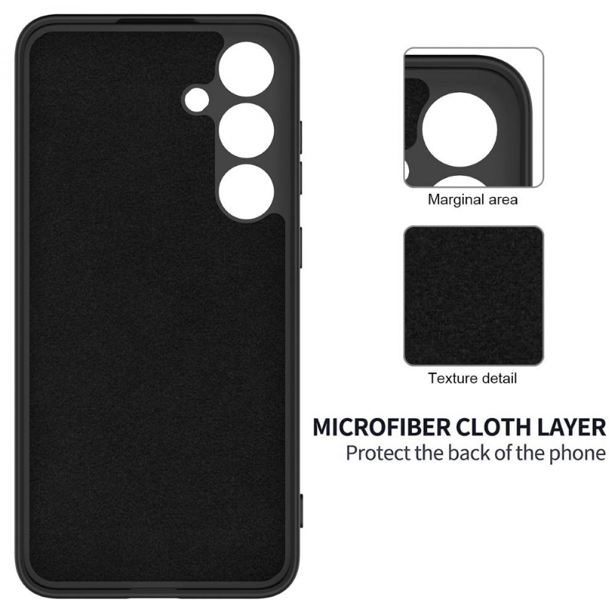 Schwarze Handyhülle mit Mikrofaser-Stoffschicht. Textdetails: Randbereich, Texturdetail, schützt die Rückseite.