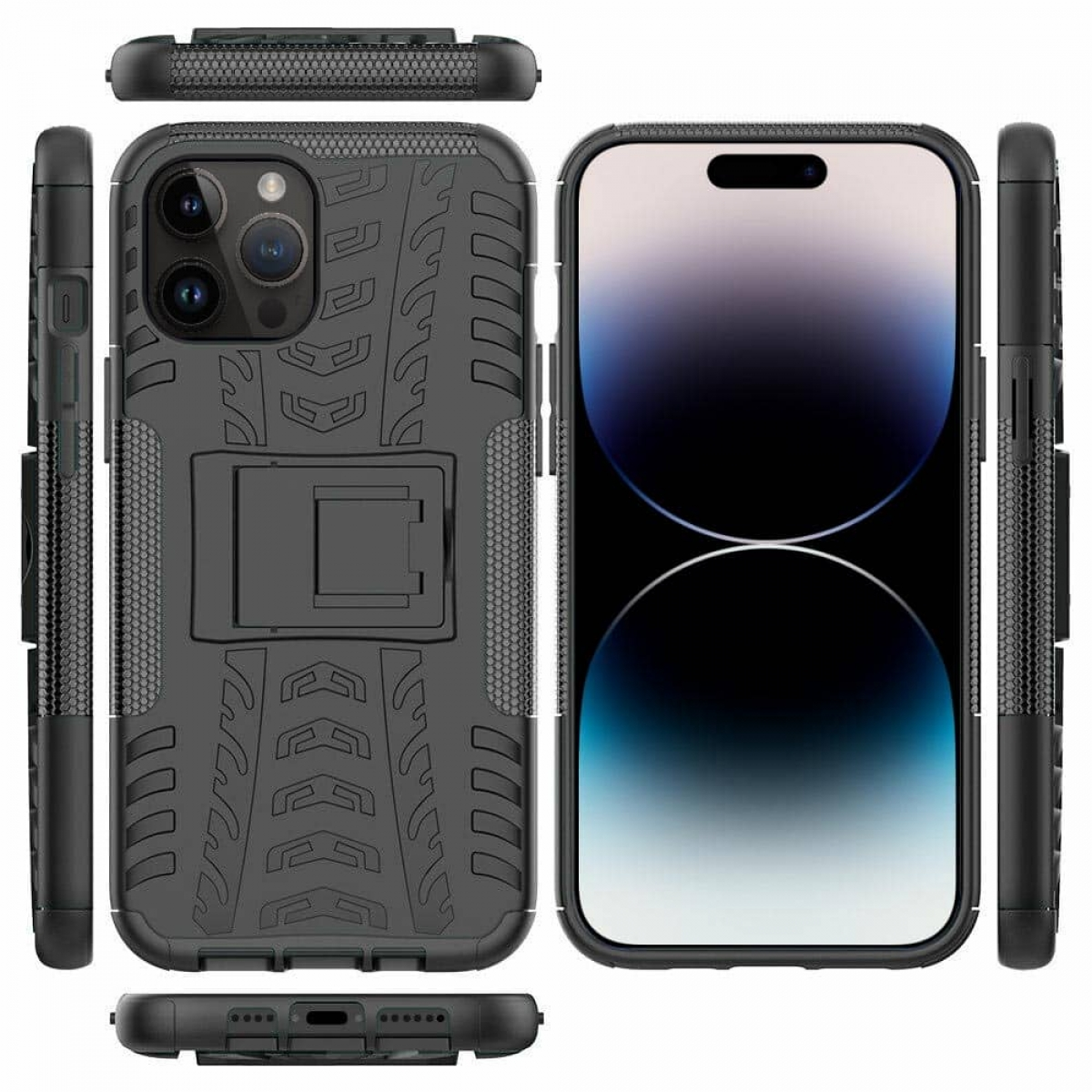 Schwarze Handyhülle mit Ständer. Die Hülle hat ein robustes Design und schützt das Telefon. Verschiedene Winkel gezeigt.