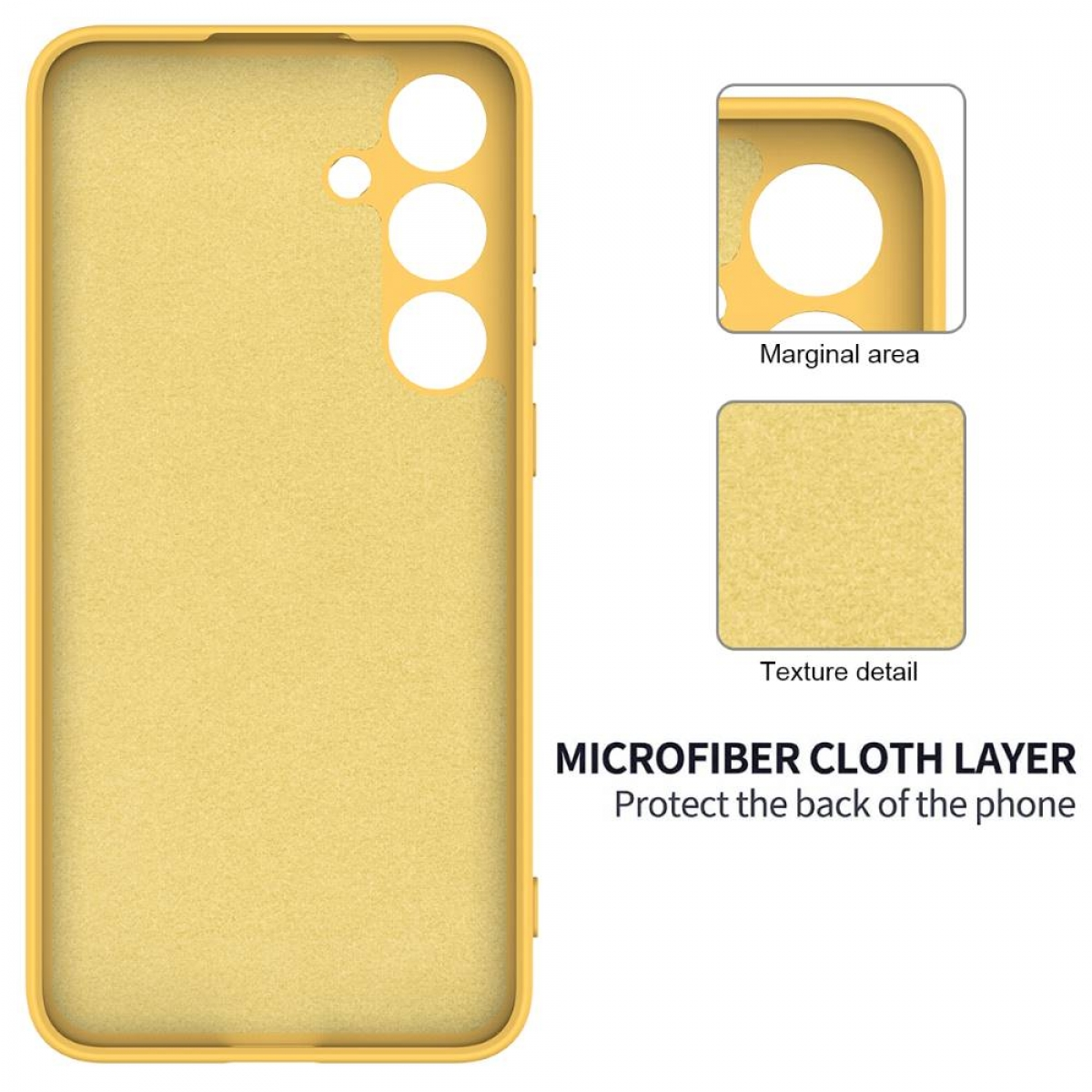 Gelbes Handyhülleninnere mit Mikrofaser-Tuchschichtdetail. Zeigt ein Texturdetail auf dem Telefon.