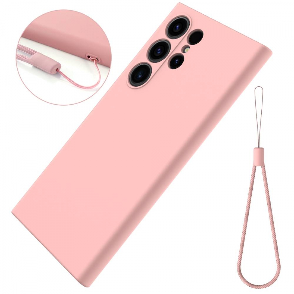 Rosa Handyhülle mit rosa Kordel und Telefonkamera-Setup.