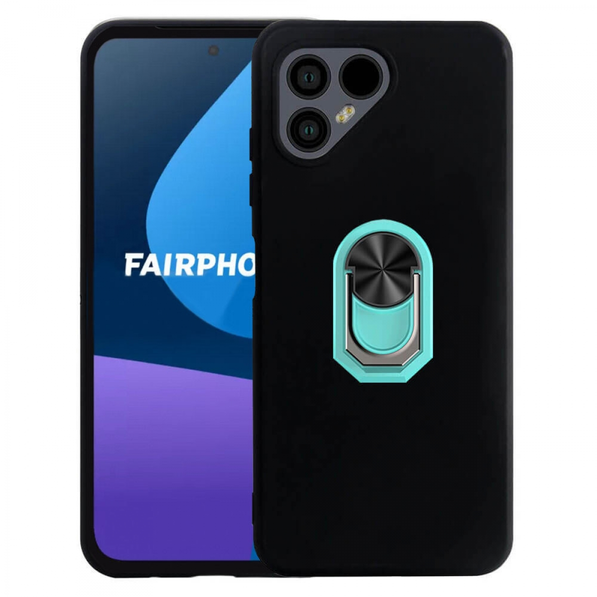 Schwarze Handyhülle mit türkisblauem Ringhalter. Telefon ist sichtbar. Das Telefon hat das Wort Fairphone.