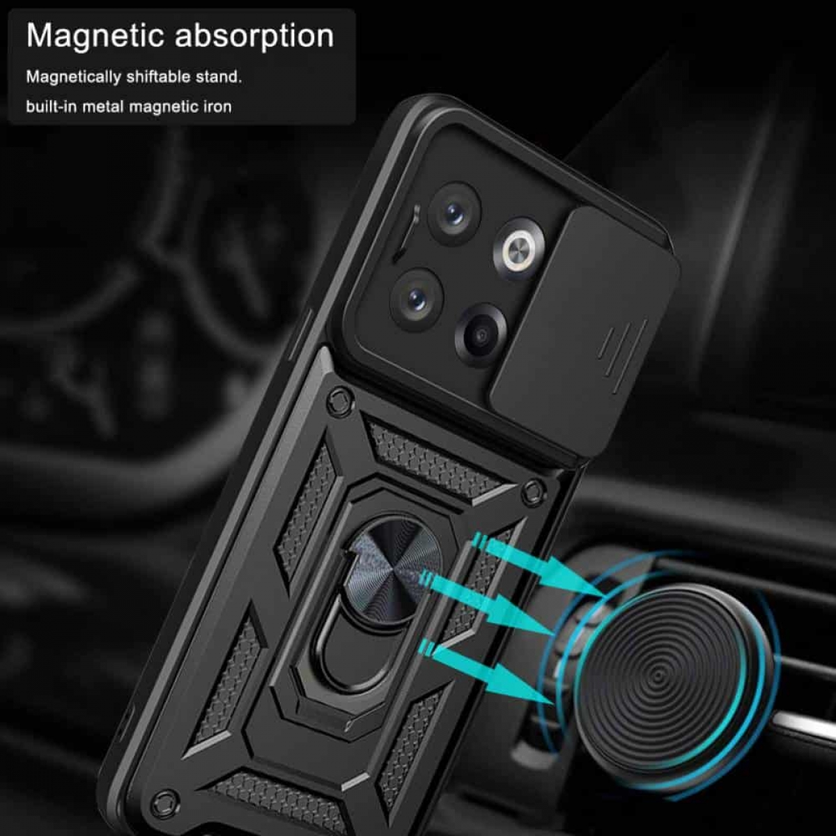 Schwarze Handyhülle mit verschiebbarer Kameraabdeckung und magnetischer Ständerfunktion, mit Pfeilen zum Magneten.