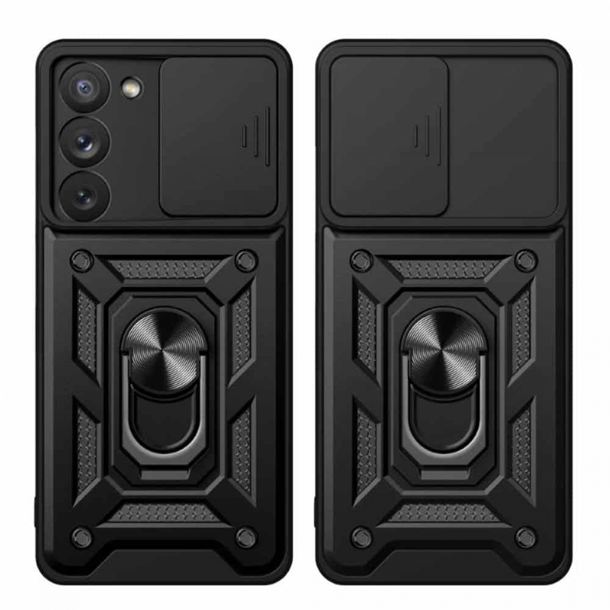 Schwarze Handyhülle mit Kamera-Schiebern und Metallring. Es ist ein Zubehör für ein Telefon.