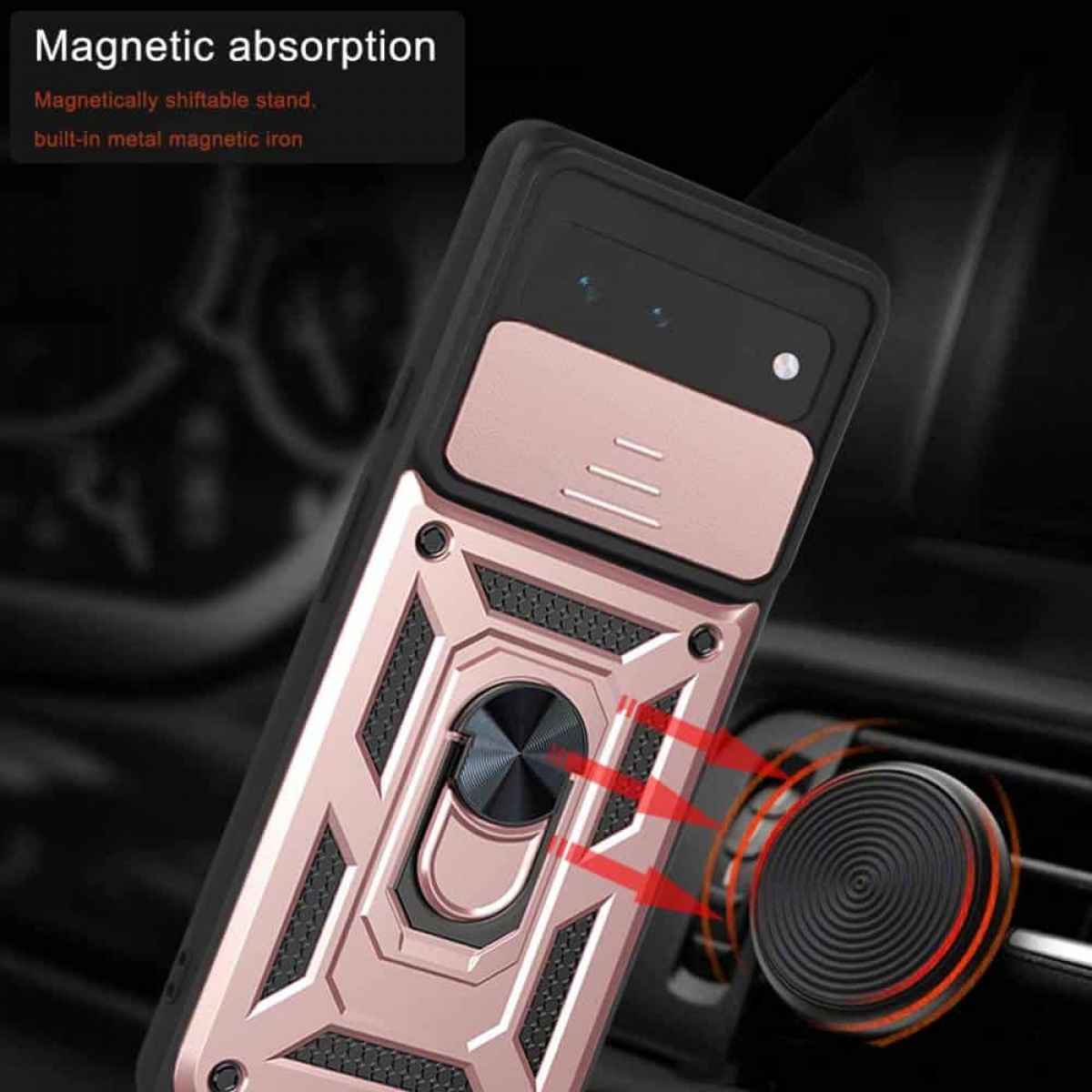 Roségoldenes Telefoncase mit Ständer und Magnetbefestigung an einer Auto-Luftdüse. Das Telefon steht schräg.