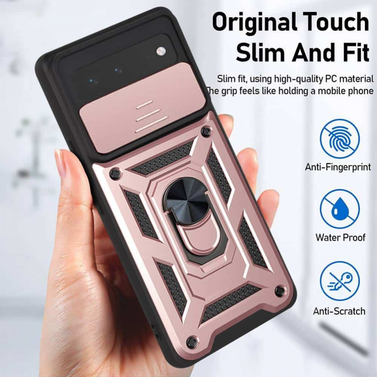 Roségold-schwarze Handyhülle in der Hand, mit Ringhalter und Icons für Anti-Fingerabdruck und Wasserdichtigkeit.
