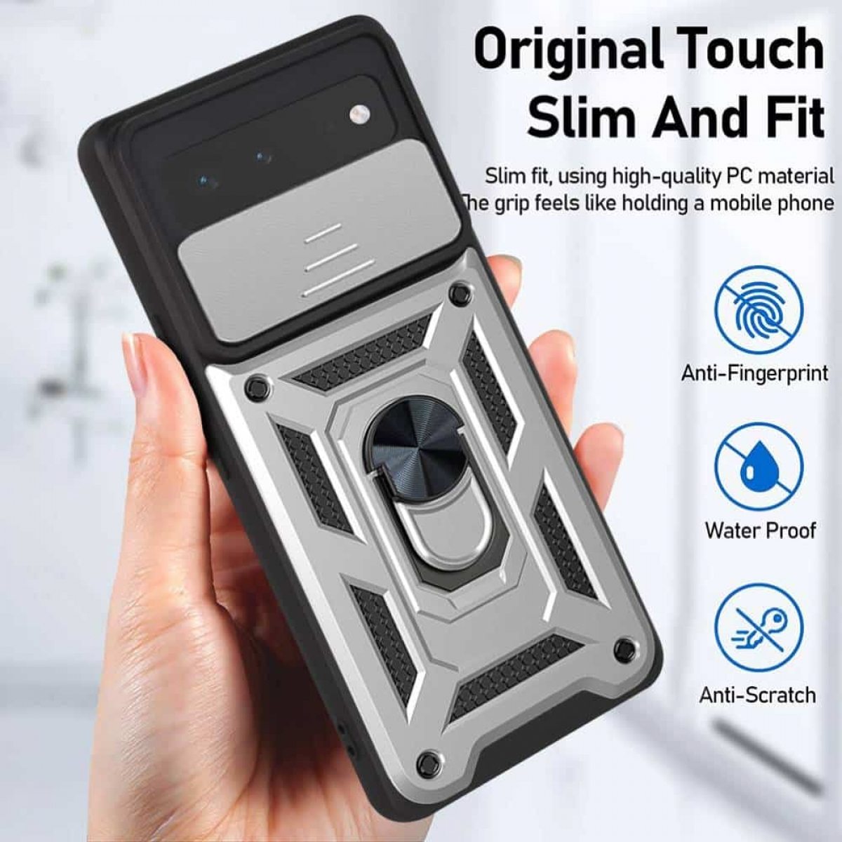 Eine Person hält eine Handyhülle. Die Hülle ist silber und schwarz, mit dem Text „Original Touch“.