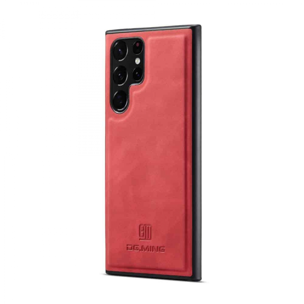 Eine rote Handyhülle mit einem Telefon darin. Die Hülle hat das DG.MING-Logo.