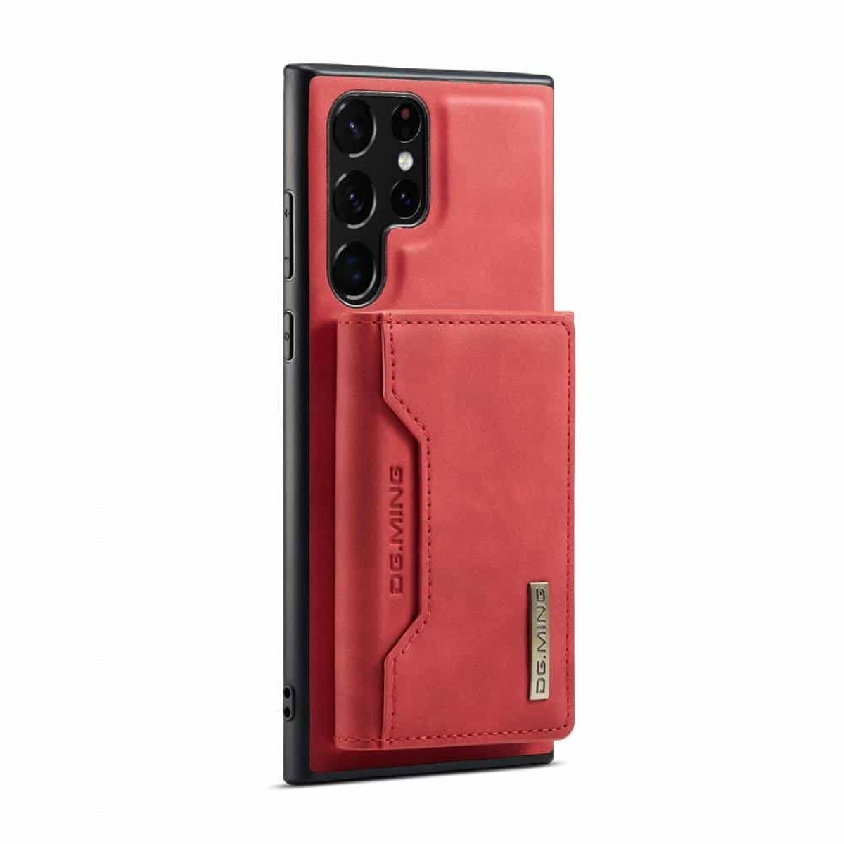 Eine rote Handyhülle mit Kartenhalter. Die Handyhülle befindet sich auf weißem Hintergrund.