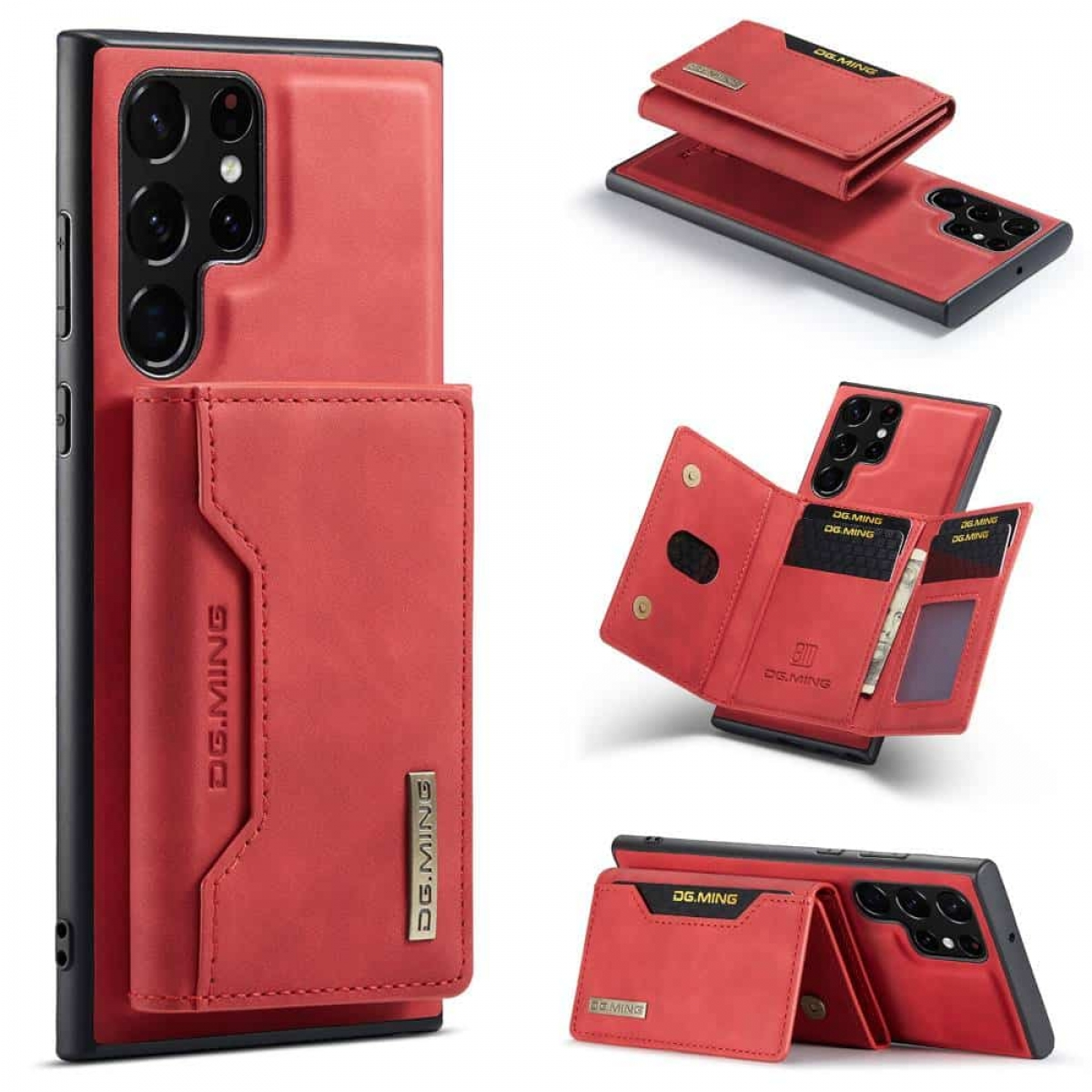 Rote Handyhülle mit Brieftaschenfunktion. Es hat Kartenfächer und einen Magnetverschluss.
