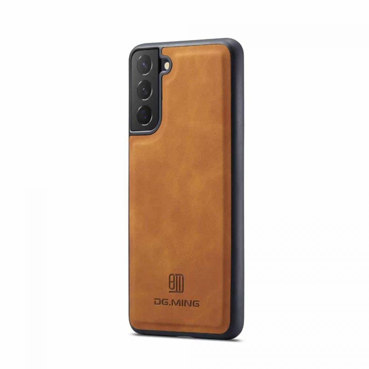 Braune Handyhülle mit Telefon darin. Es hat die Worte DG.MING darauf.