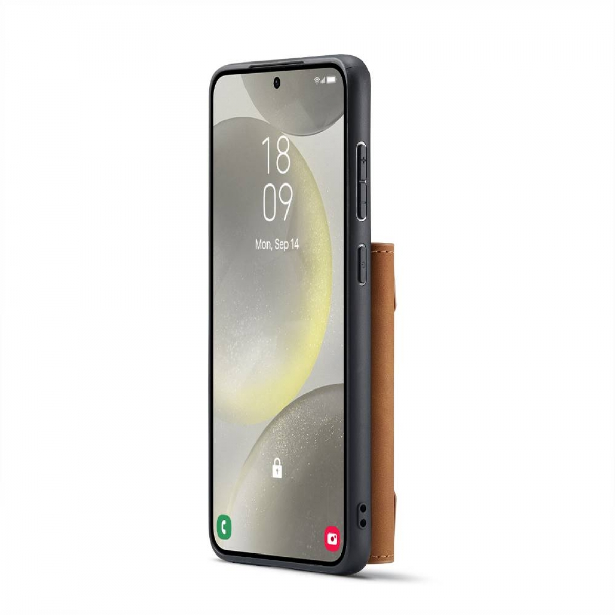Schwarzes Telefon mit braunem Lederportemonnaie. Bildschirm zeigt Datum und Uhrzeit.