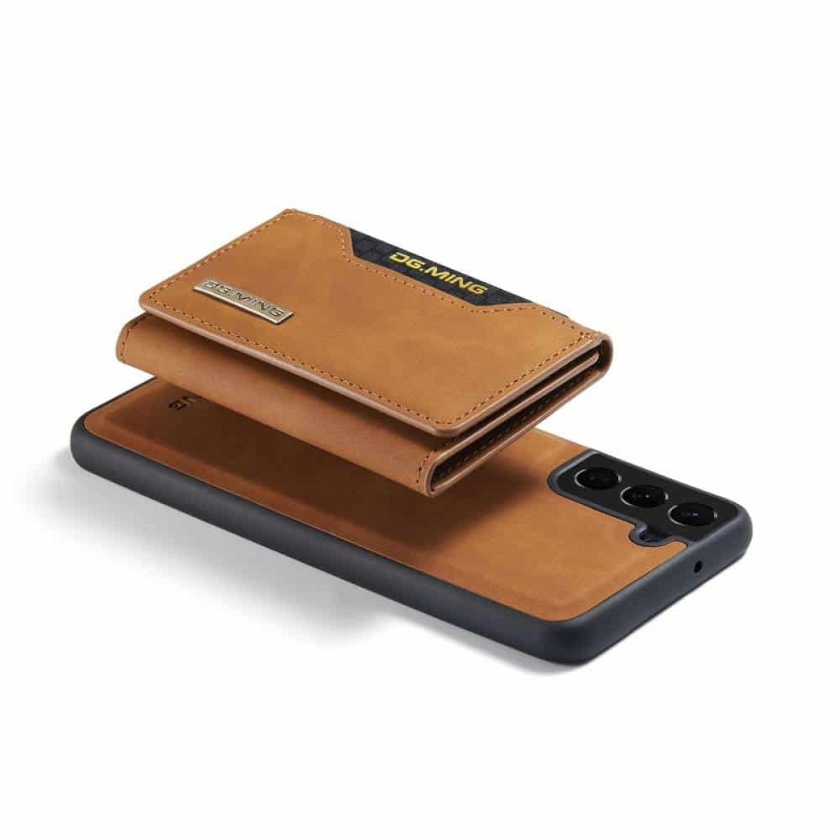 Braune Leder-Handyhülle mit Kartenhalter und Telefon darin.