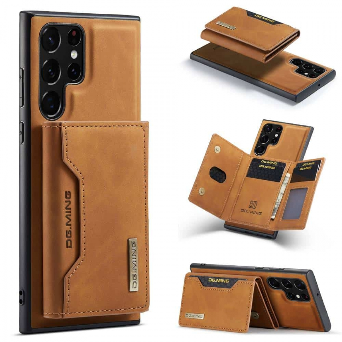 Eine braune Handyhüllen-Geldbörse mit Telefon und separatem Kartenhalter auf weißem Hintergrund.