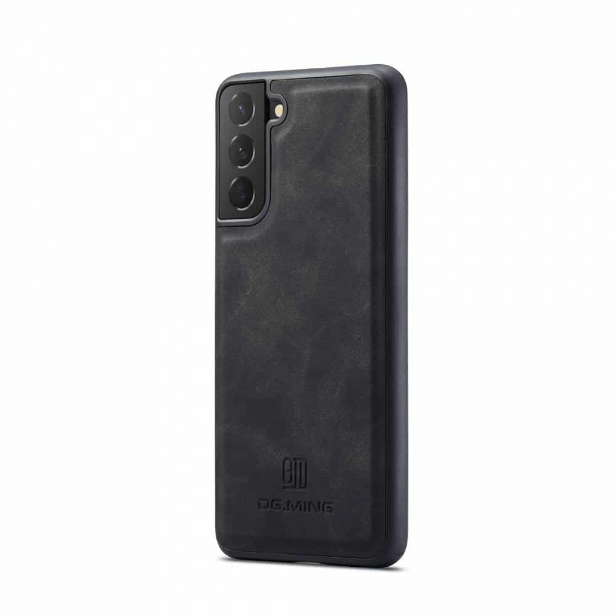 Schwarze Leder-Handyhülle mit einem Telefon darin, mit Markennamen unten.