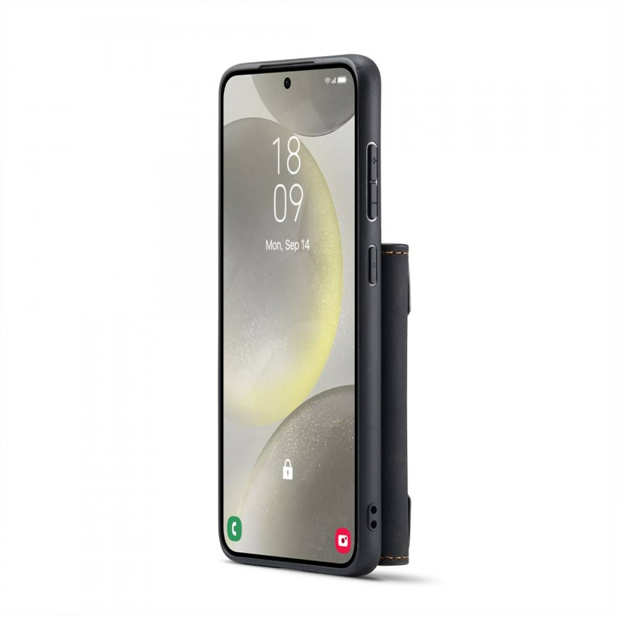 Schwarzes Telefon in einer schwarzen Hülle mit Kartenhalter. Der Bildschirm zeigt Zeit und Datum. Seitenansicht.