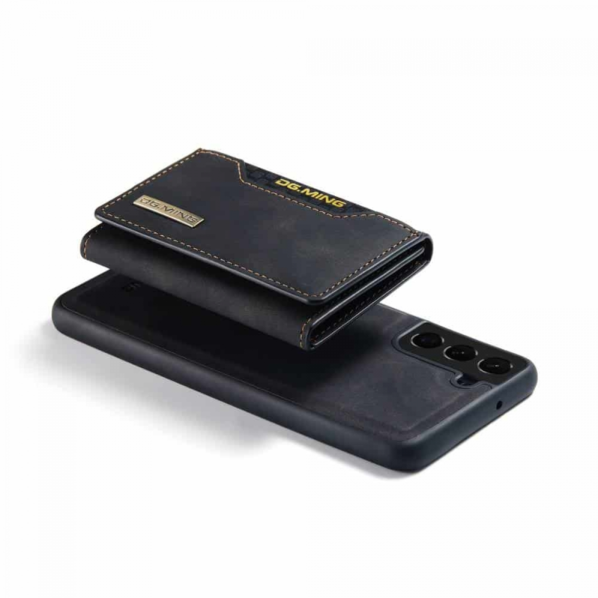 Schwarze Leder-Handyhülle mit Kartenhalter oben. Das Telefon ist in der Hülle.