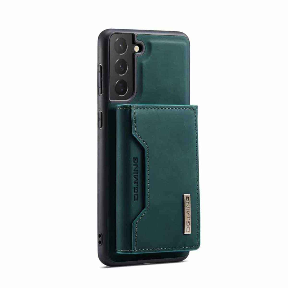 Grüne Handyhülle mit Portemonnaie. Es hat ein schwarzes Telefon und goldene Details.